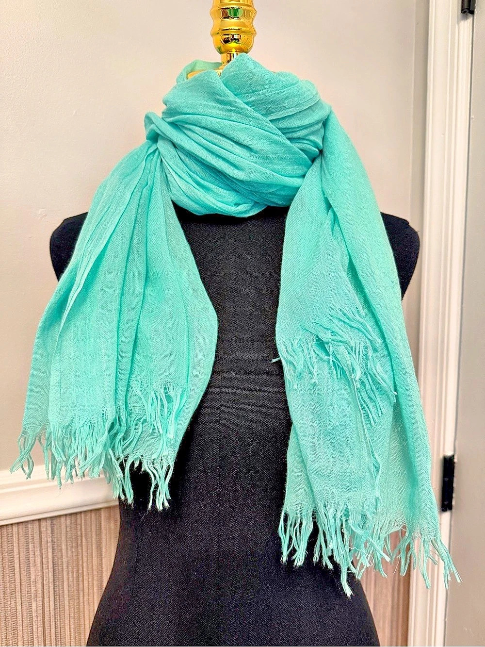 Aqua Turquoise Oversized Gauze Scarf Wrap Shawl Fringe 40x74